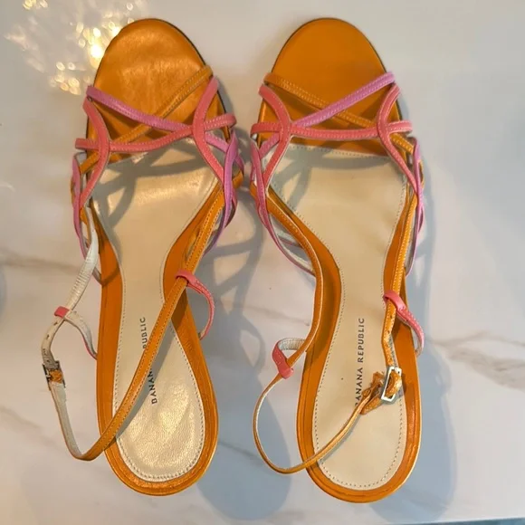 NEW Banana Republic Orange and Pink Sandals with Cross-Straps 4” heel Leather 🤩😍 - Picture 1 of 7